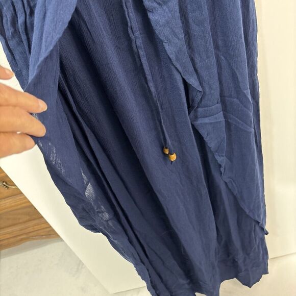 Boho Navy Blue Floral Print Maxi Crossover Neck Dress Rayon Smocked Waist Medium - Picture 3 of 10